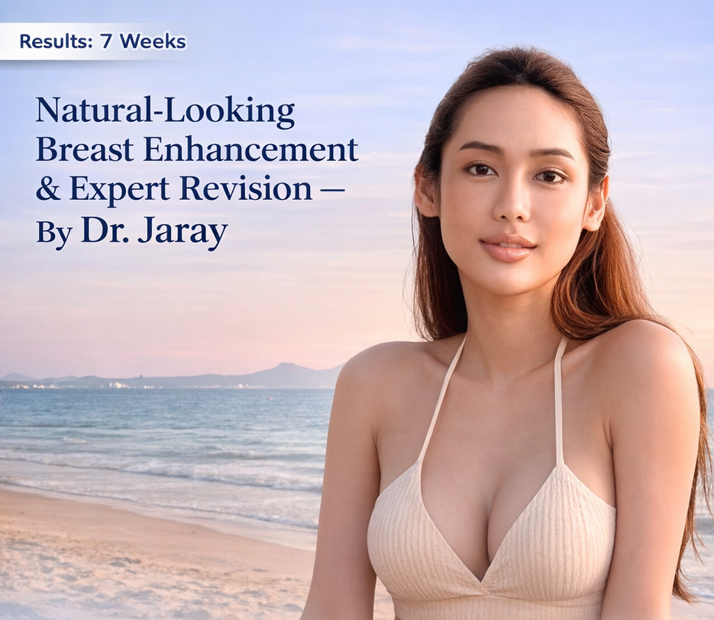 Promotional banner with a woman at the beach and the headline “Natural-Looking Breast Enhancement & Expert Revision — By Dr. Jaray.”