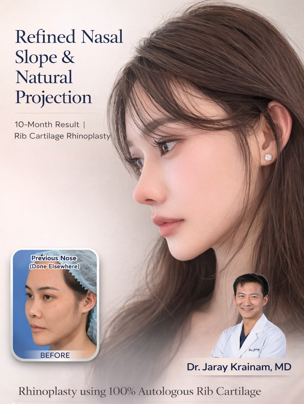 Profile of a woman with long brown hair looking left, advertising refined nasal slope and natural projection with a 'Before' inset and a smiling doctor in a white coat nearby.